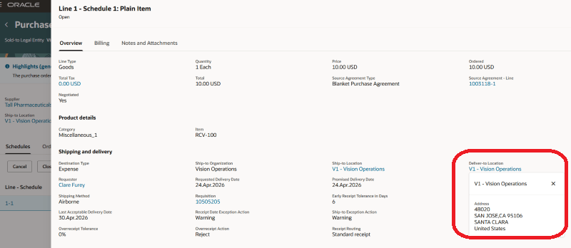 Deliver-to Location Contextual Action on View Purchase Order Page