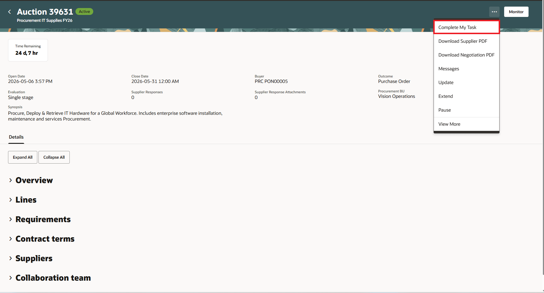 Complete my task action in View Negotiation page