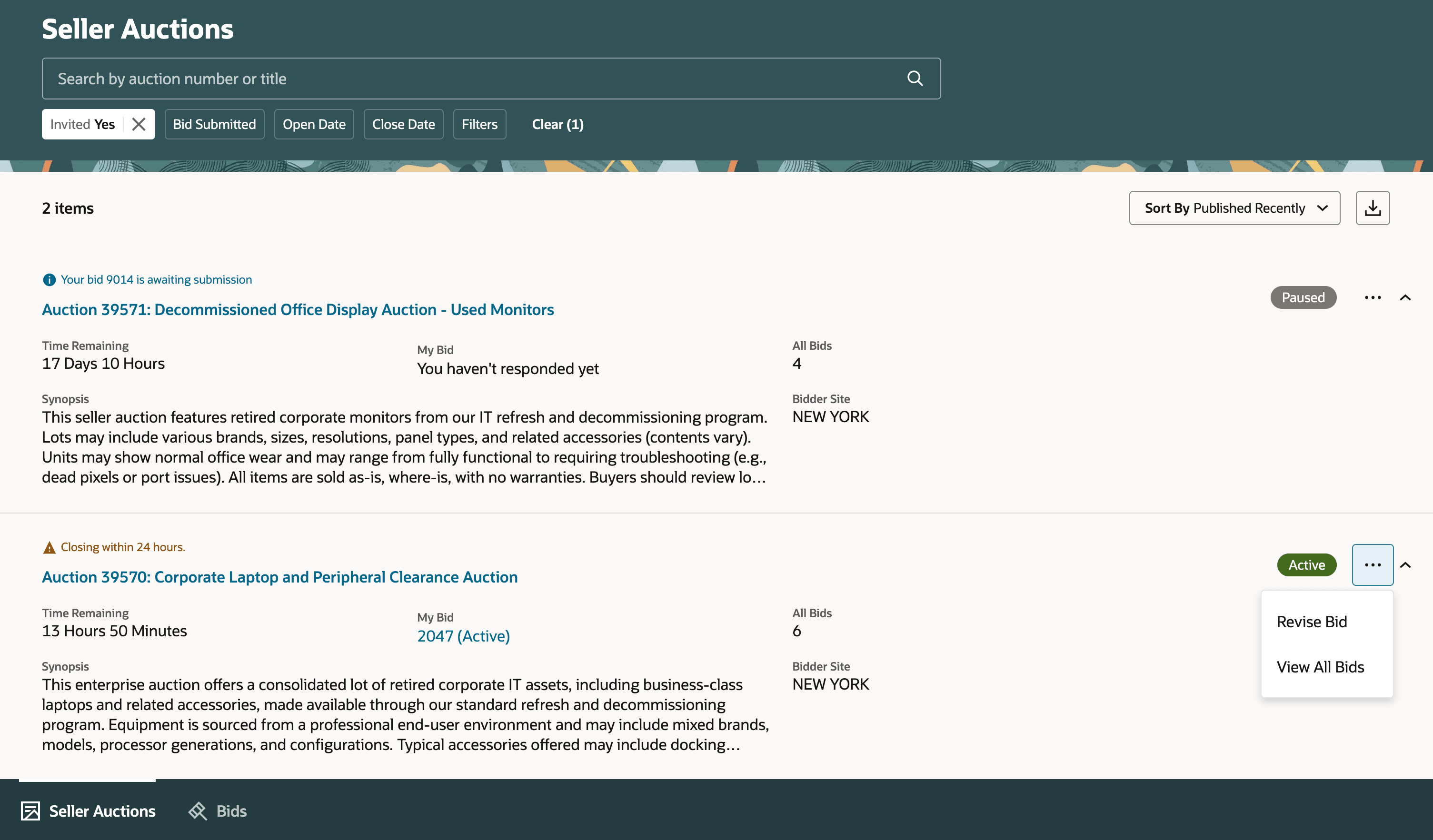Seller Auctions Page with Search, Filters, Results, and Actions
