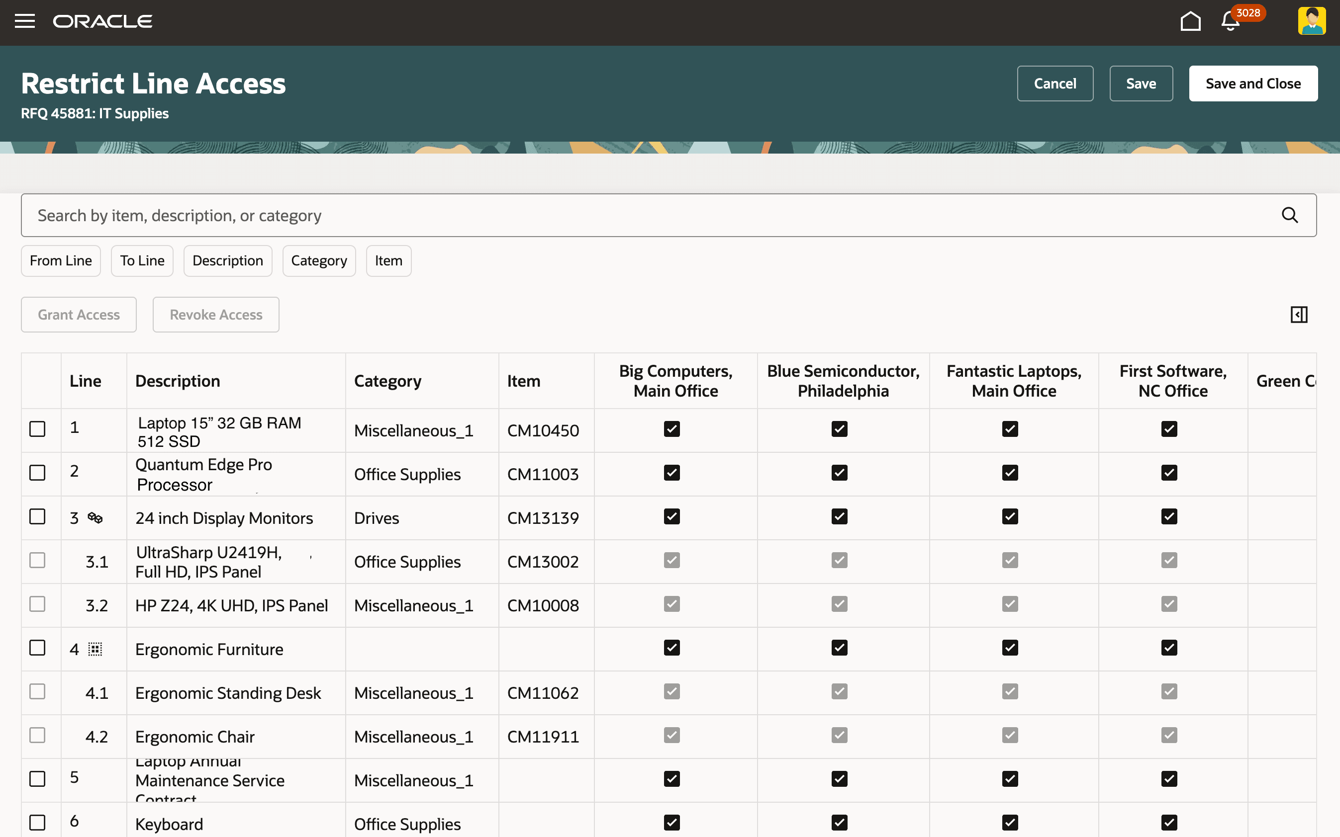 Search Lines to Grant or Revoke Supplier Access