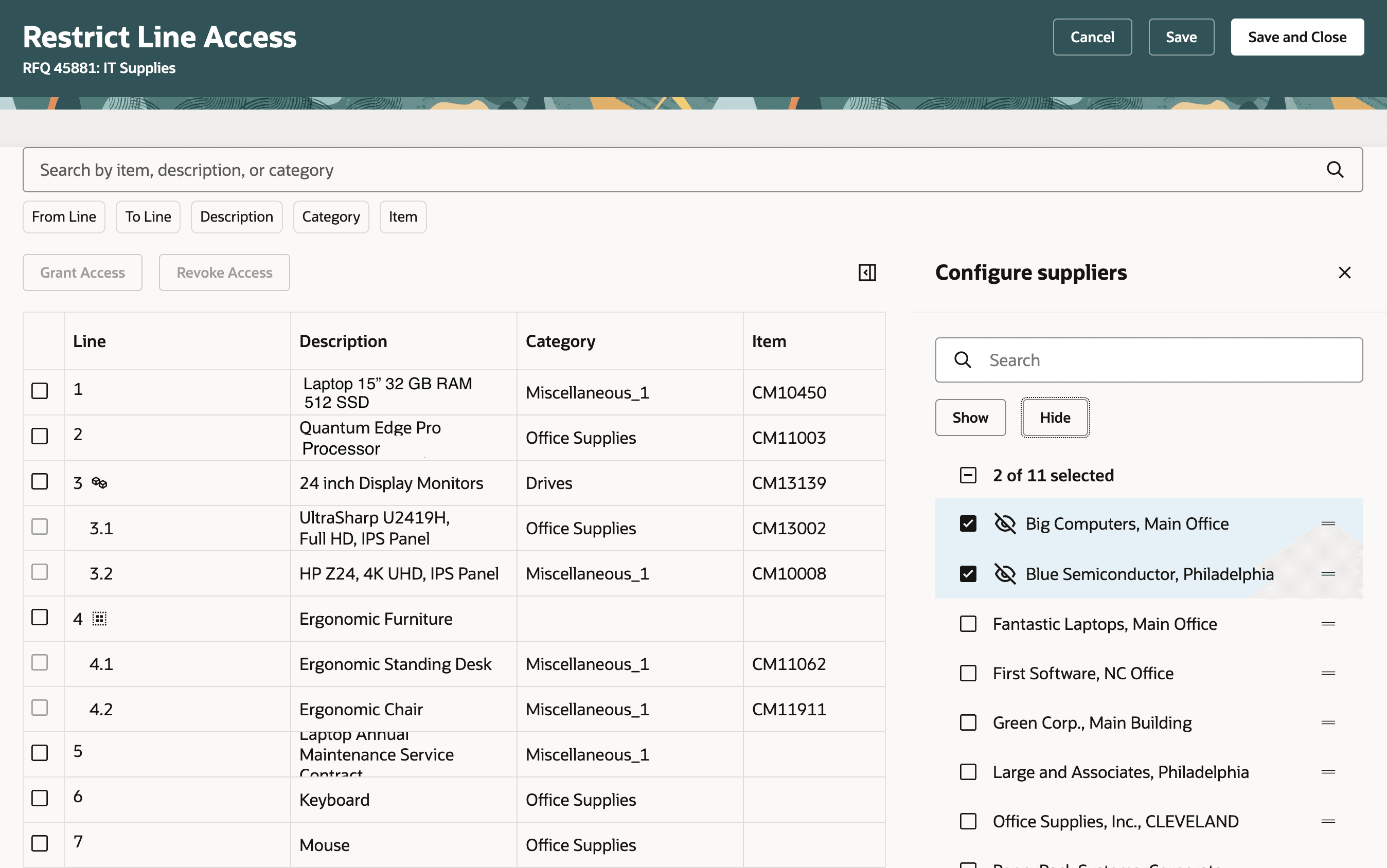 Search and Show Suppliers to Grant or Revoke Line Access