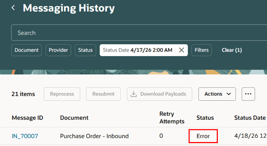 Messaging History – Status = Error