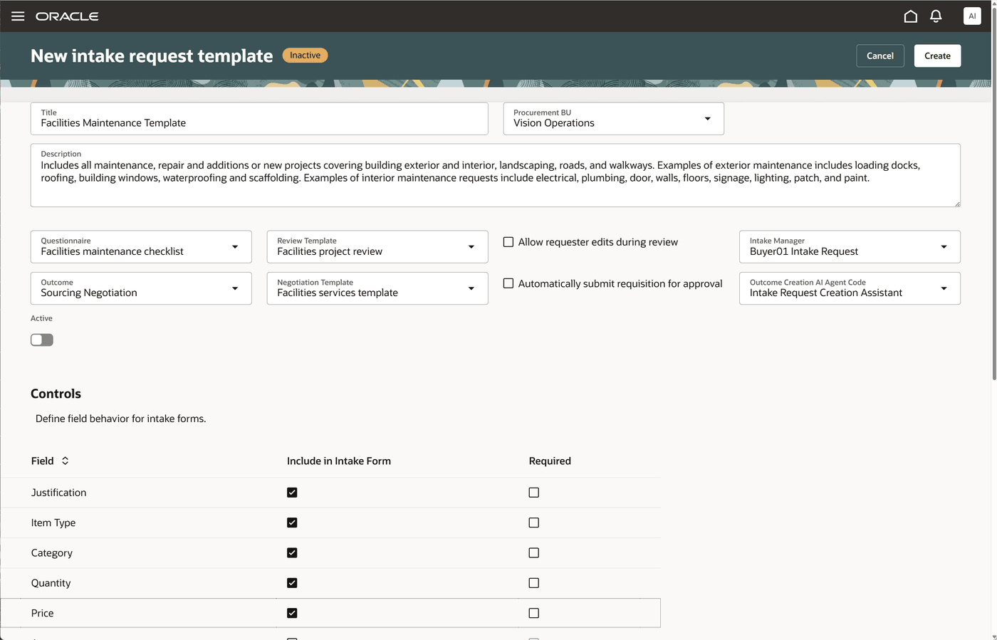 New intake request template, including the Controls section for field behavior