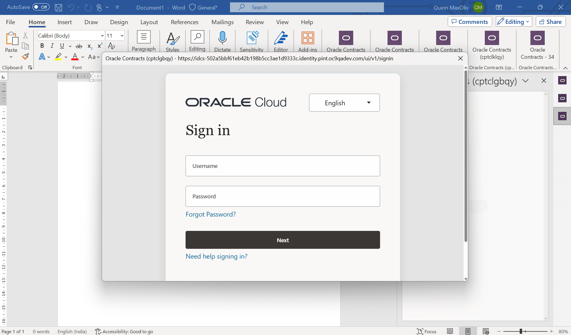 Application login from Word Add-in
