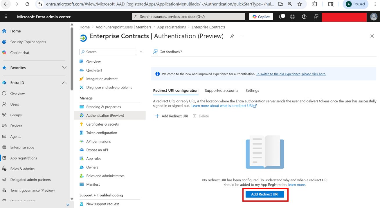 Click on Add Redirect URI from Authentication (Preview)