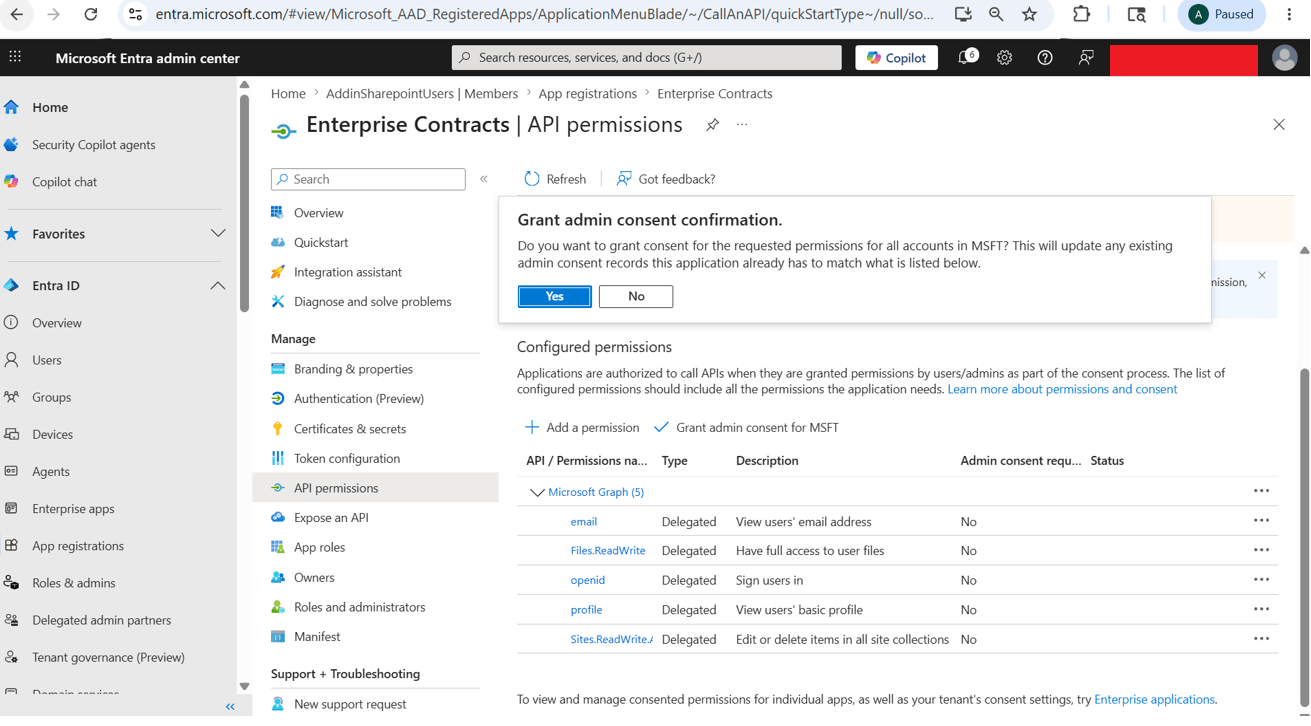 Click on Grant admin consent for MSFT