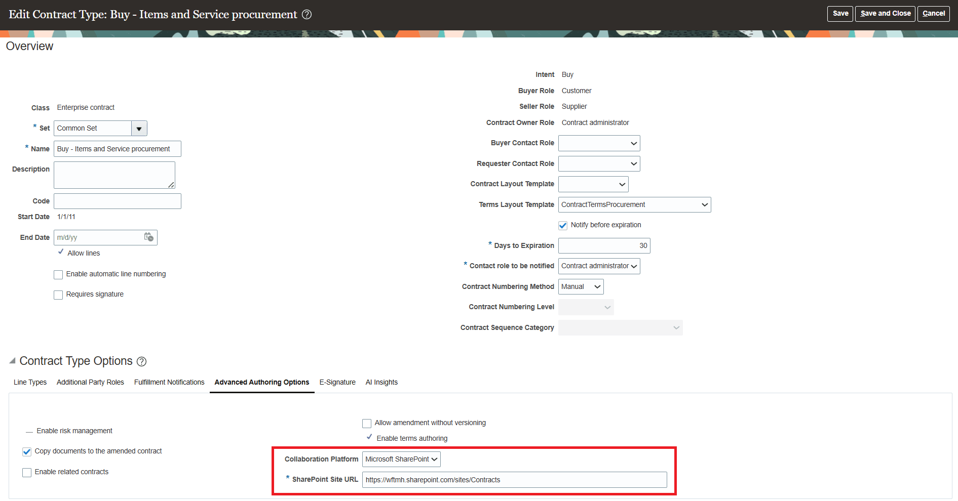 SharePoint URL at Contract Type level