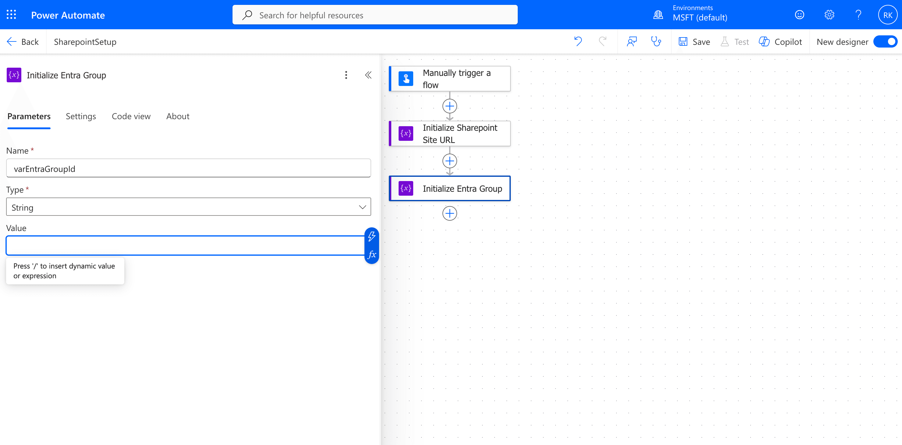 Enter Name, Type and Value