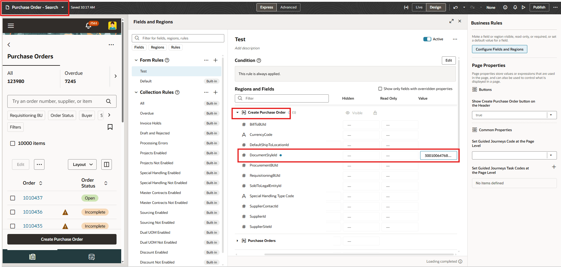 Specify the Document Style ID in the Create Purchase Order Section of  the Purchase Order Search - Page in Oracle Visual Builder Studio