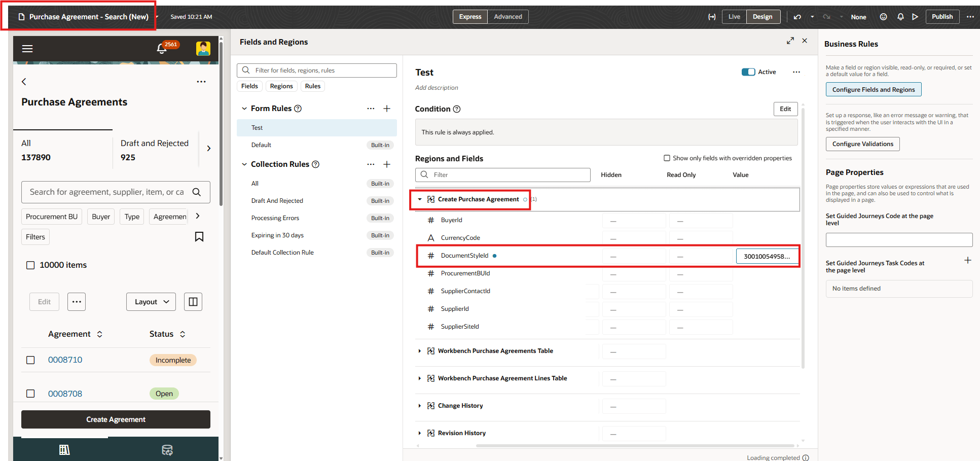 Specify the Document Style ID in the Create Purchase Agreement Section of the Purchase Agreement - Search (New) Page in Oracle Visual Builder Studio