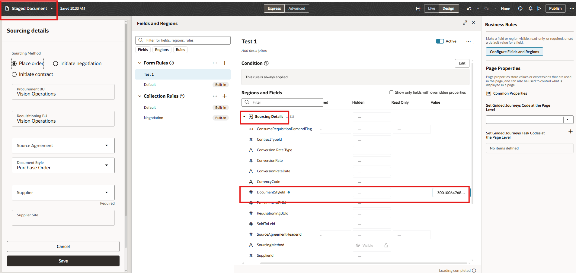 Specify the Document Style ID in the Sourcing Details Section of the Staged Document Page in Oracle Visual Builder Studio