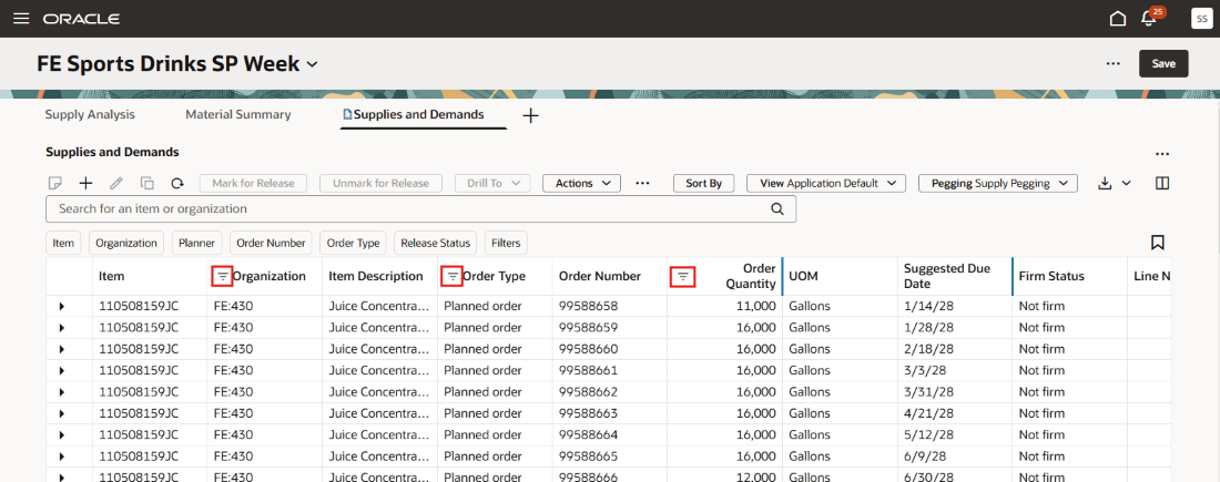 Column Filters Applied to the Supplies and Demands Page