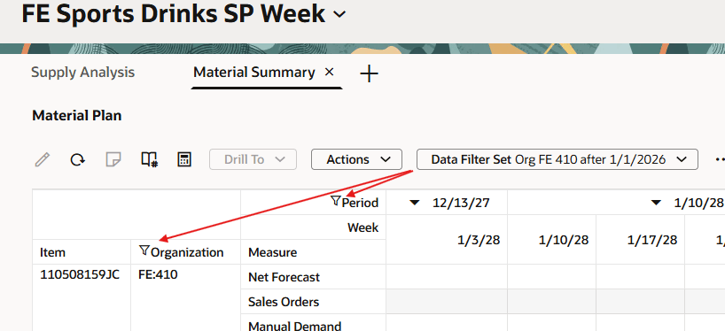 Material Plan Pivot Table Using a Data Filter Set