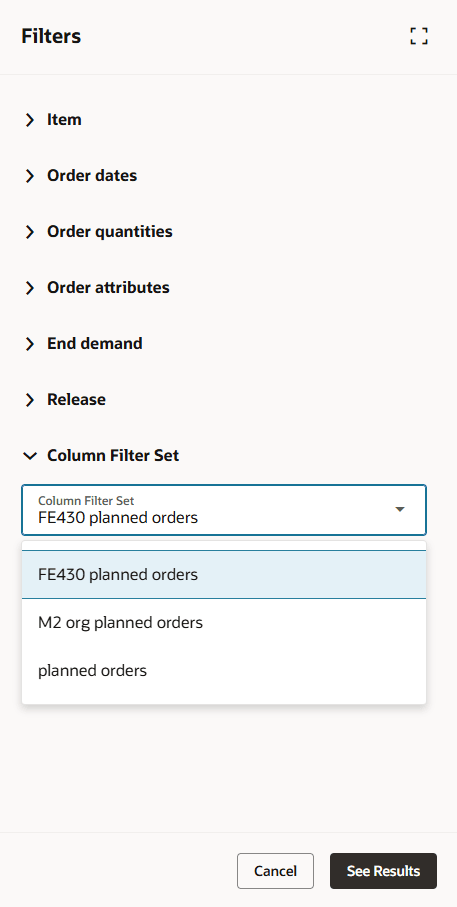 Selecting a Column Filter Set from the Filters Drawer