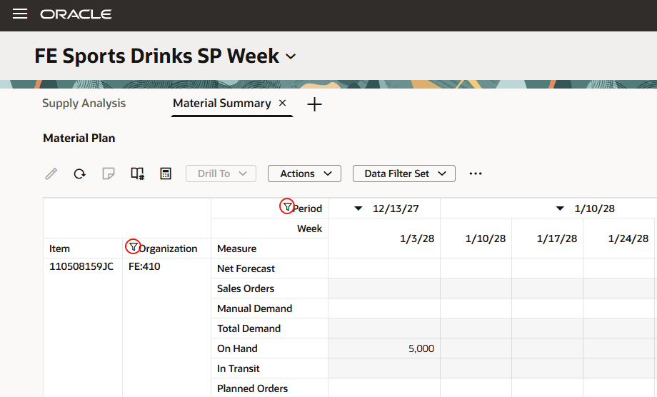 Material Summary Pivot Table with Two Filters Applied