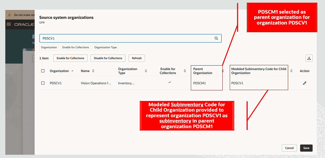 Setup Parent and Modeled Subinventory in Planning Source Systems
