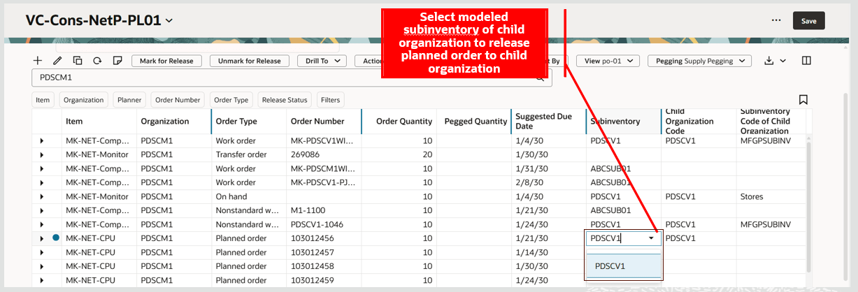 Select Modeled Subinventory of Child Organization to Release Planned Order to Child Organization