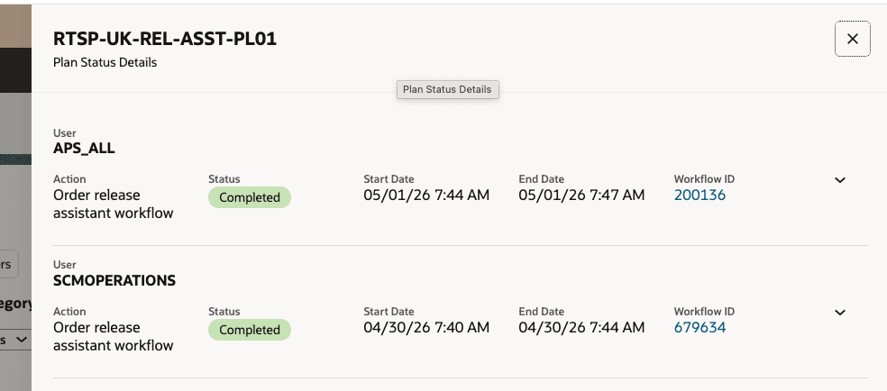 Plan Status Detail Drawer Showing Multiple Order Release Assistant Workflow Links