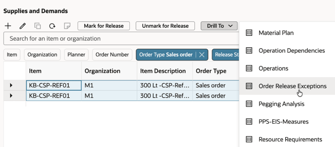 Order Release Exceptions Drill To Action