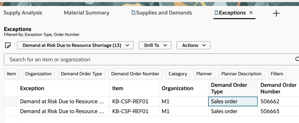Exceptions List Filtered by the Order Release Exceptions