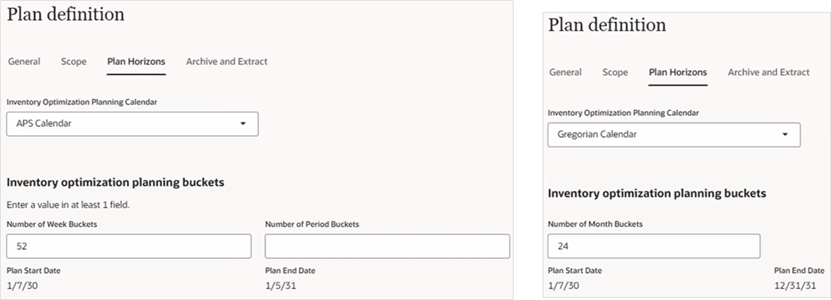 Inventory Optimization Plan Horizons with Week and Period, or Month Time Buckets