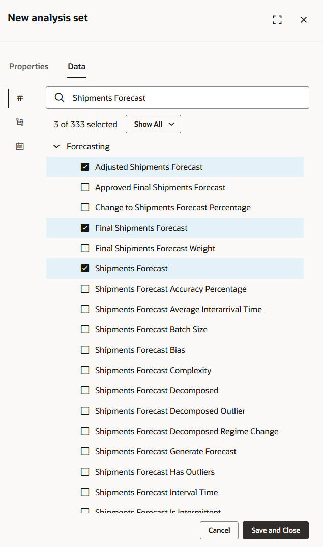 Measures Subtab on Data Tab in New Analysis Set Drawer