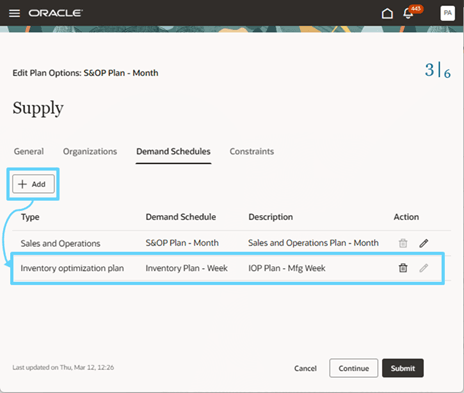 Add Demand Schedule in the Supply Step of Sales and Operations Plan Options