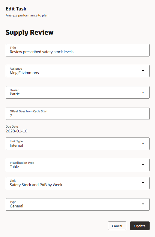 Planning Cycle Task Link to an Inventory Optimization Plan Table