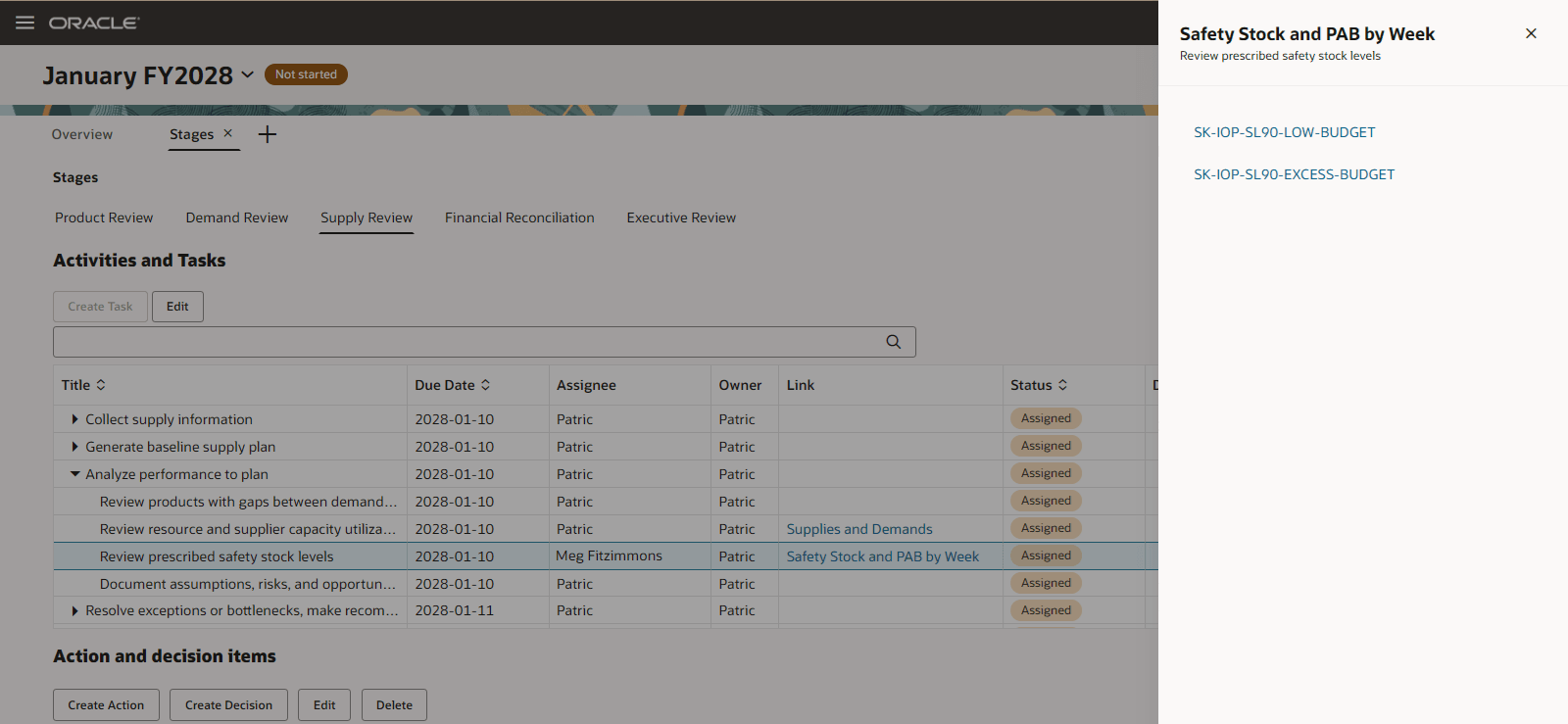 Task Link to an Inventory Optimization Plan Table from an Open Planning Cycle