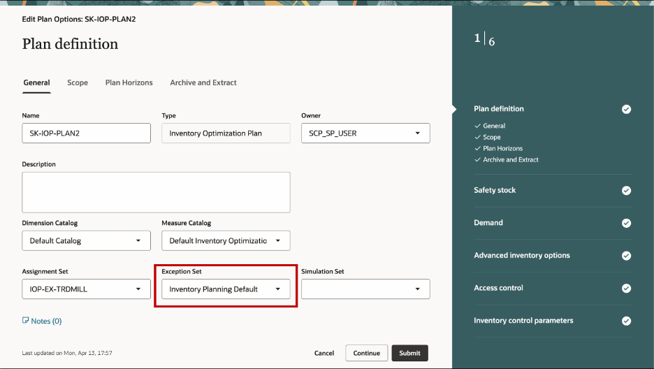 Exception set definition in plan options