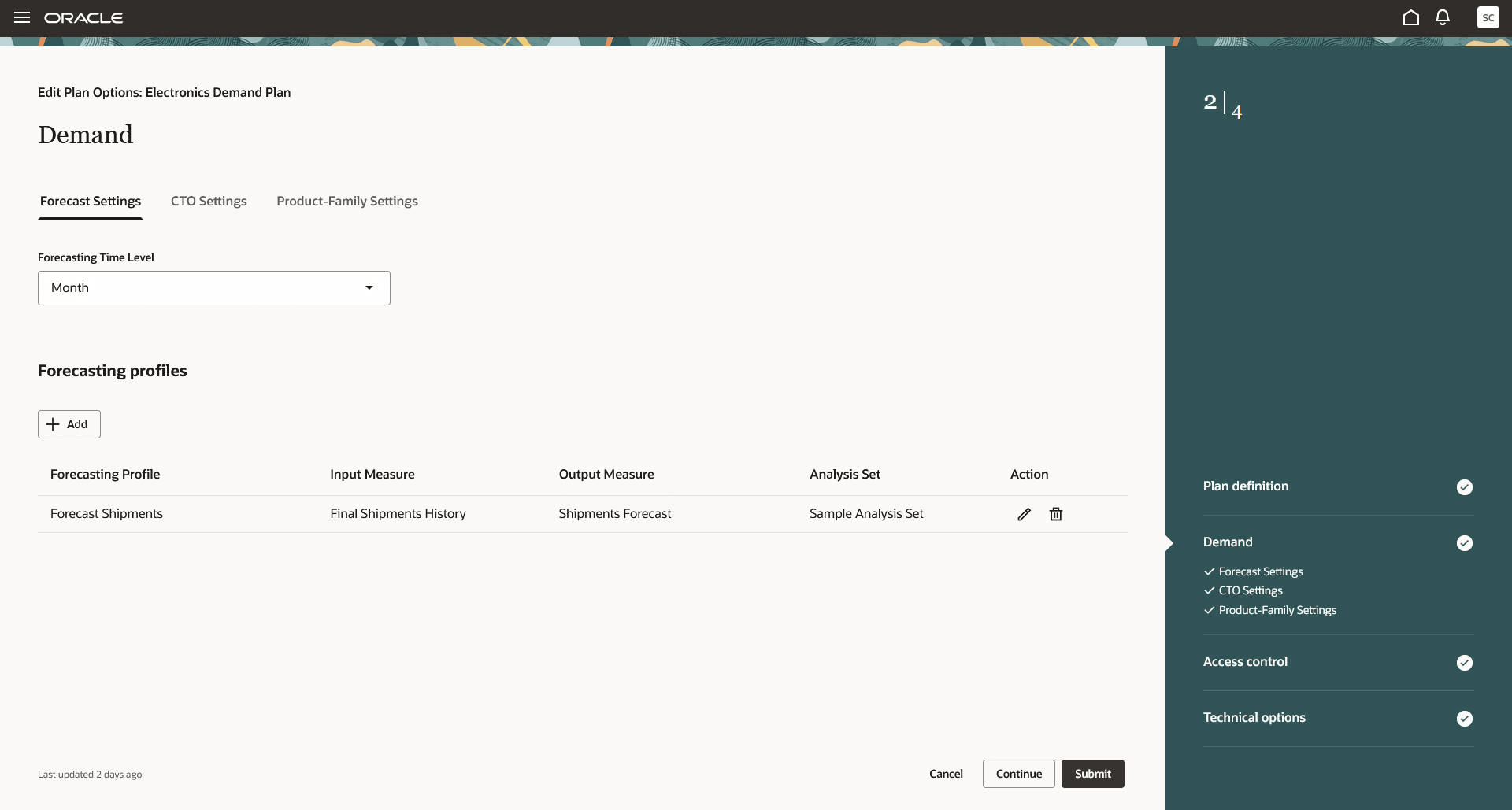 Forecast Settings Tab in Demand Step in Guided Process for Editing Plan Options