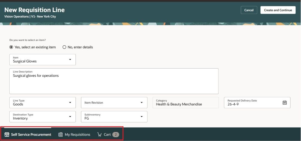 In-App Navigation Bar Displayed at the Botton While Creating Requisition