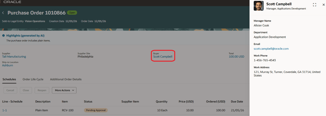 Buyer Information Drawer on the View Purchase Order Page