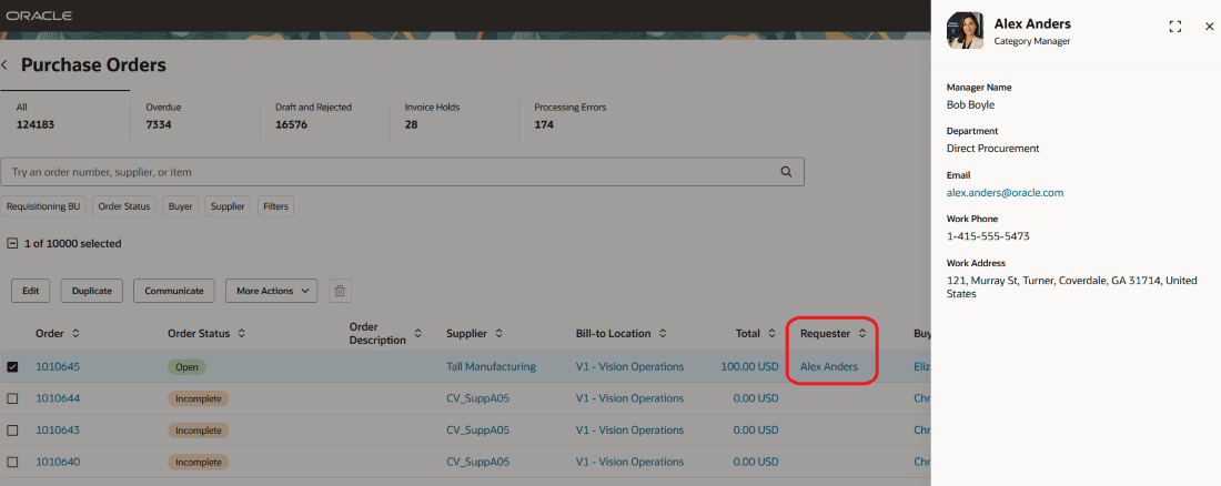 Requester Information Drawer in Purchase Orders Page