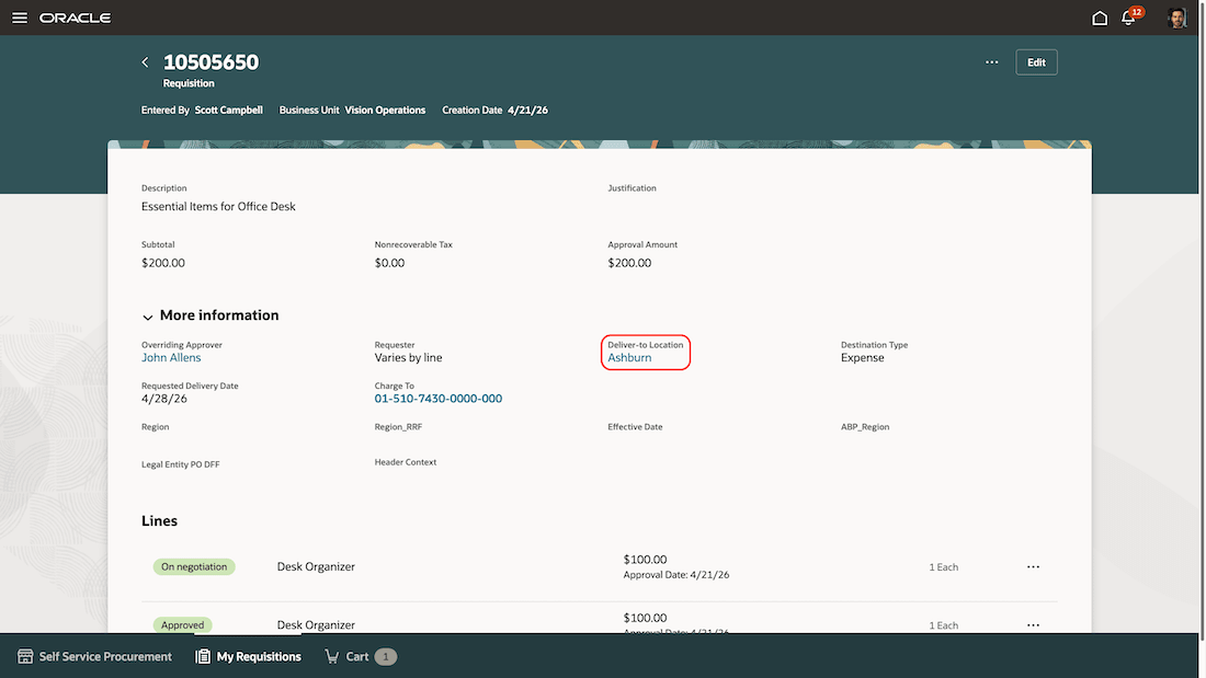 Deliver-to Location Hyperlink on a Requisition