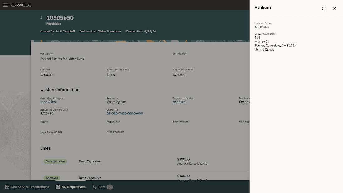 Location Details Drawer Showing Location Name, Location Code, and Deliver-to Address