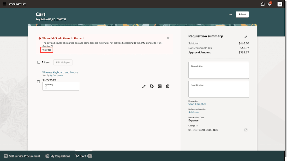 Use View Log Action on Error Message to See Detailed Information After Punchout From External Store