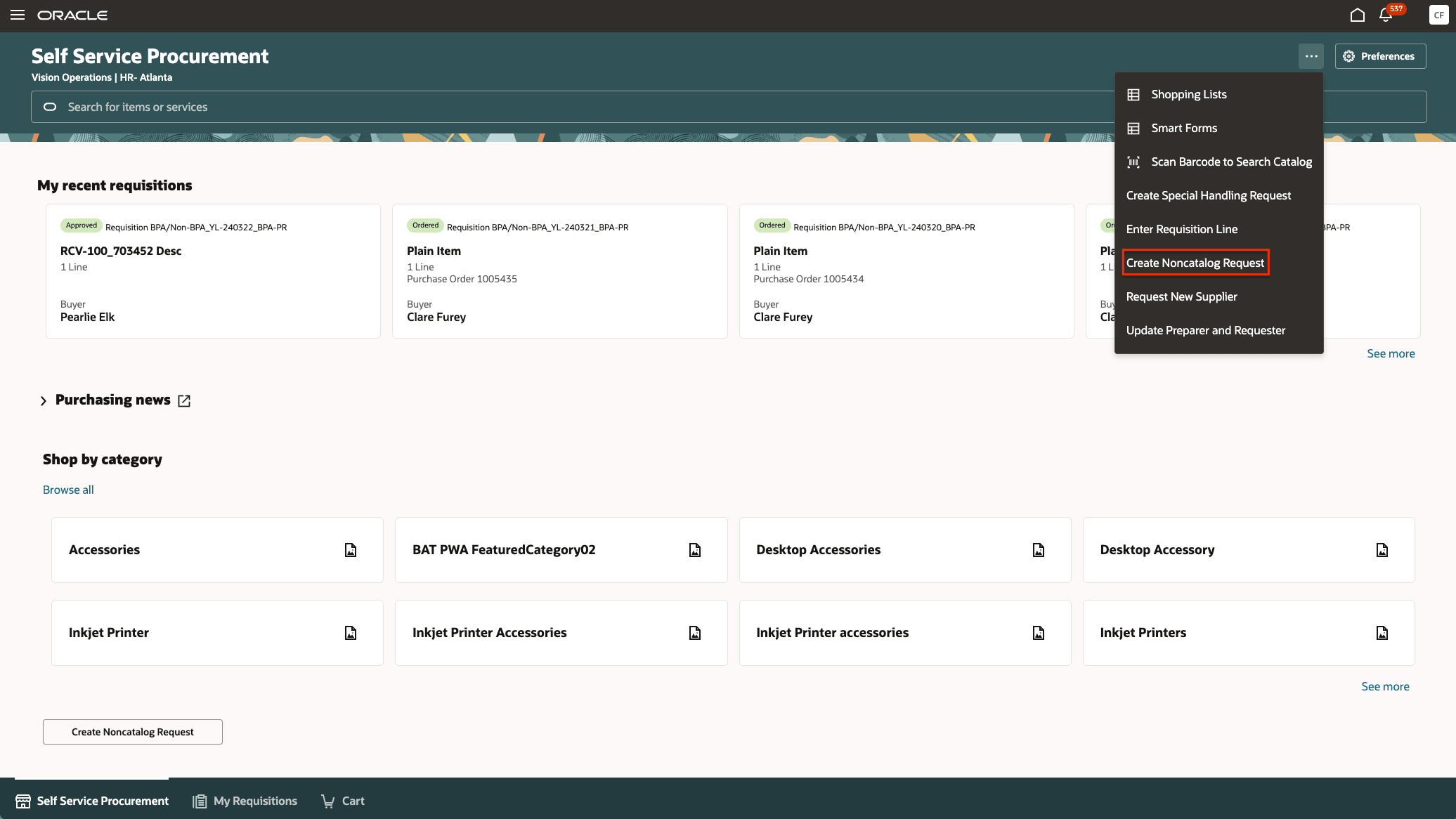 Access Create Noncatalog Request from the Actions menu