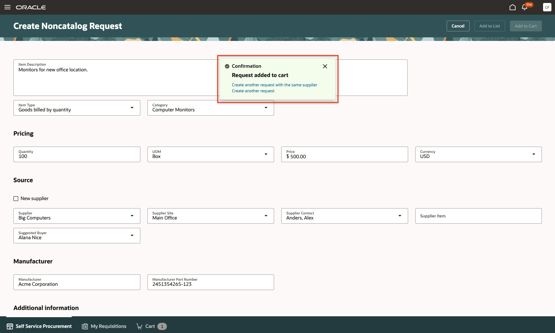 The enhanced confirmation message allows users to create a new request with the same or different supplier.