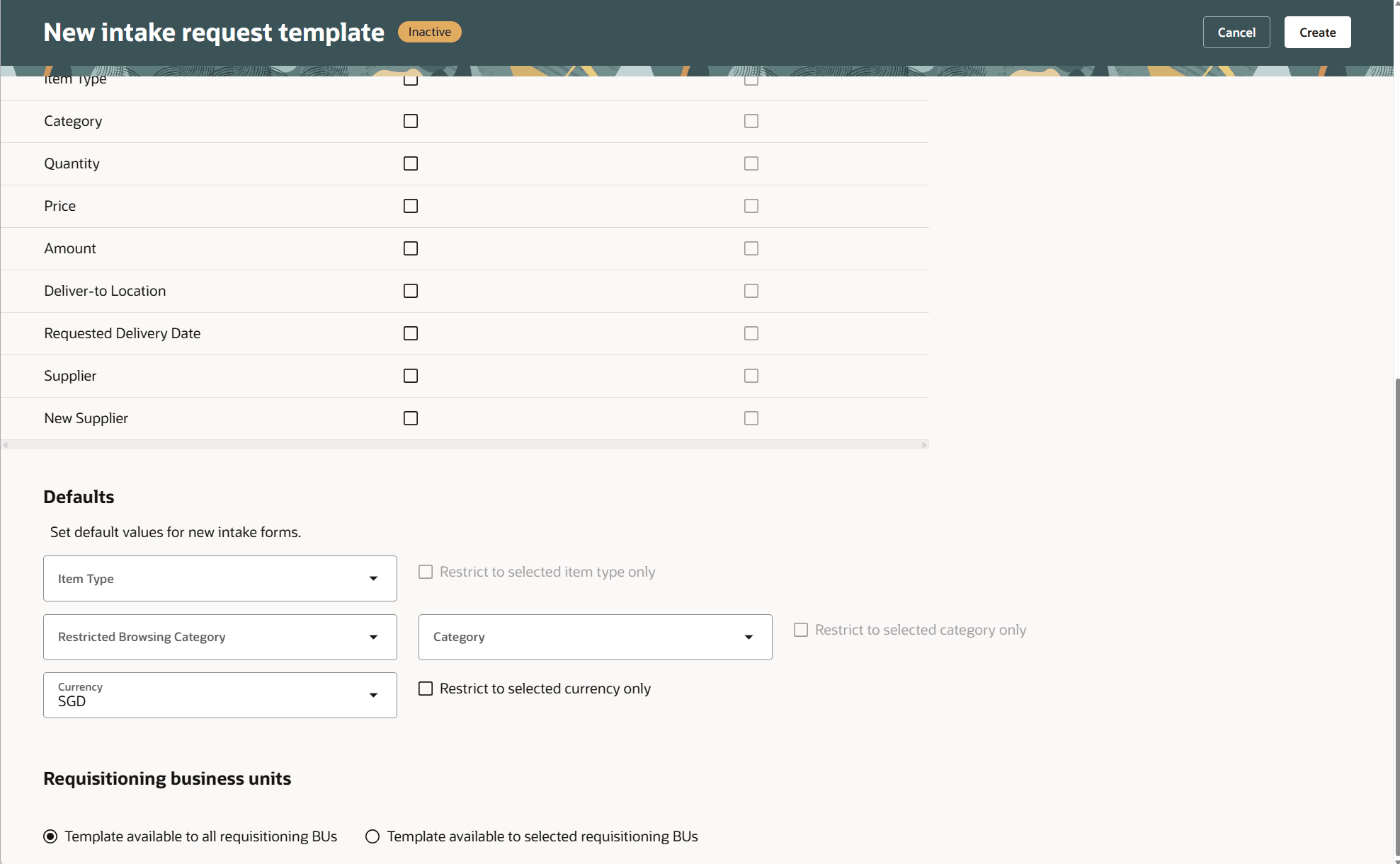 New intake request template, with the Defaults section