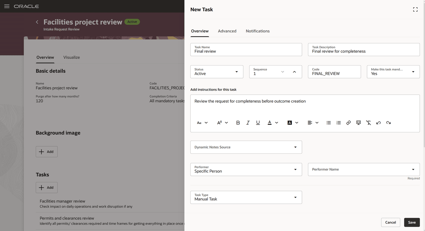 Intake review template with the New Task drawer for creating a review task
