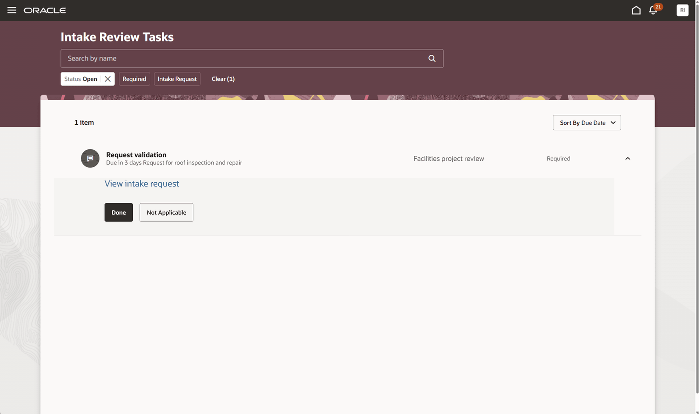 Intake Review Tasks page (Reviewer)