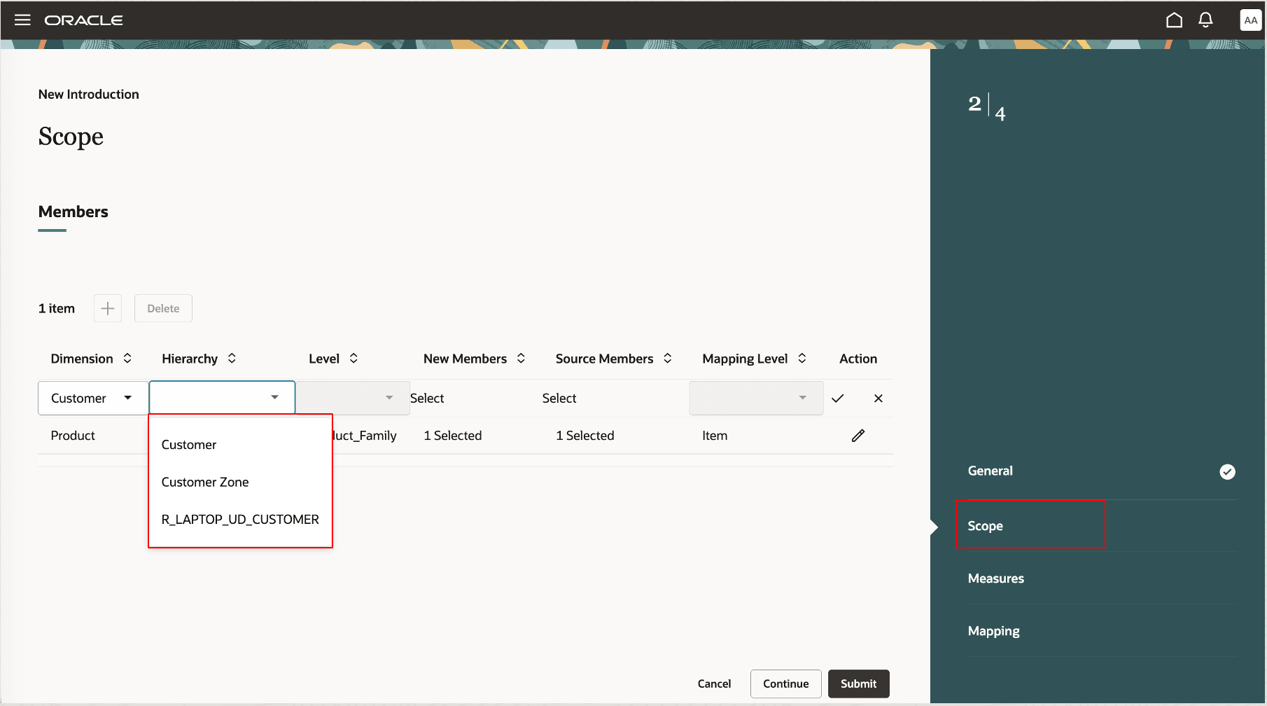 Dimension and level for introduction filter