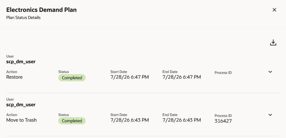 Plan Status Details drawer for deleted and restored demand plan