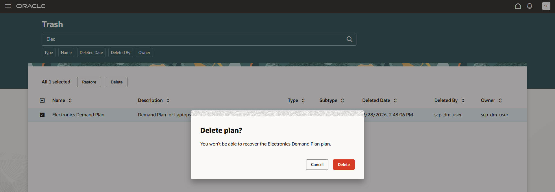 Warning message for deleting demand plan on Trash page