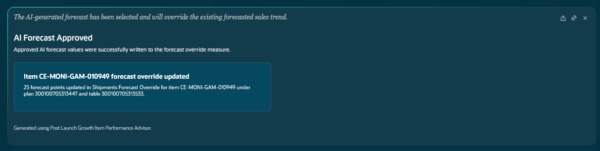 Confirmation message for approved AI-generated forecast