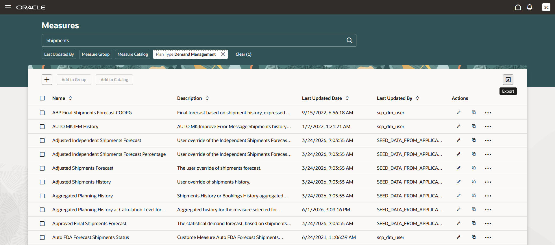 Export icon on Measures page