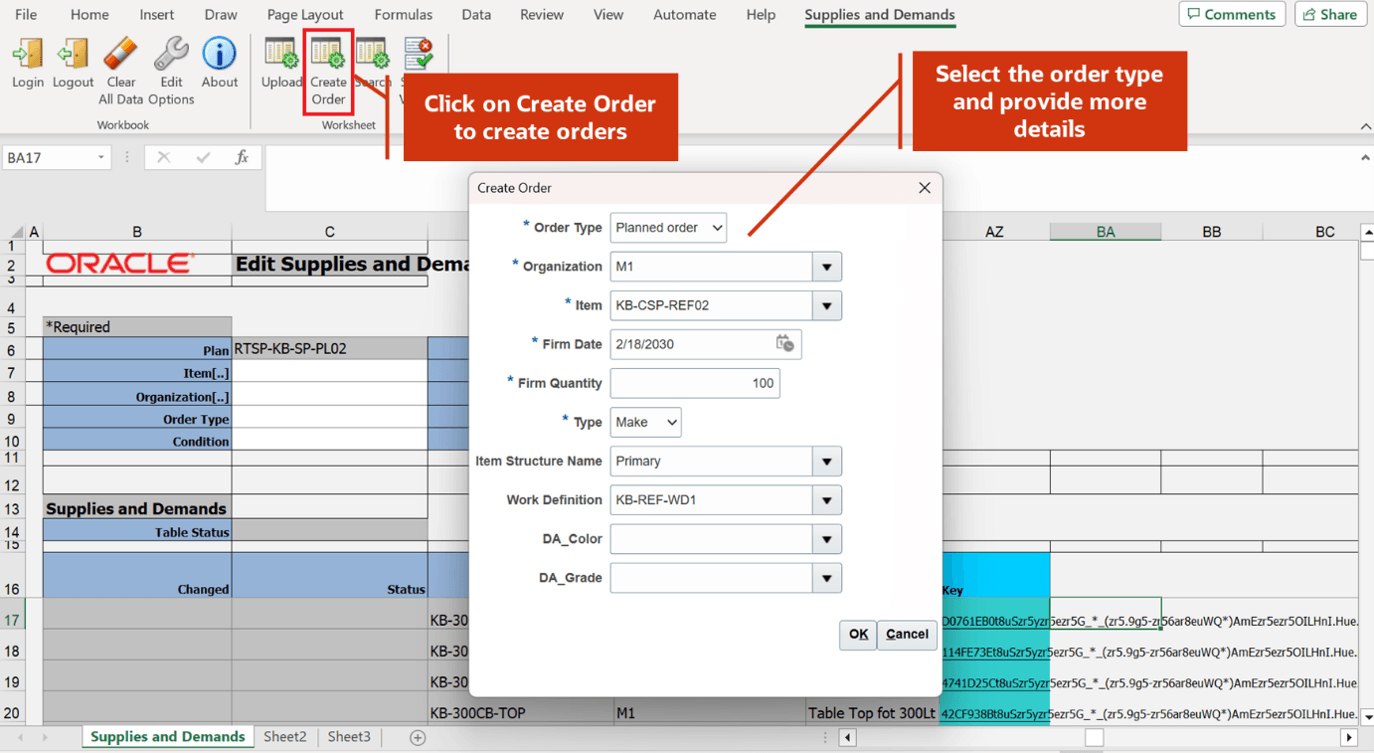 Create new order in spreadsheet