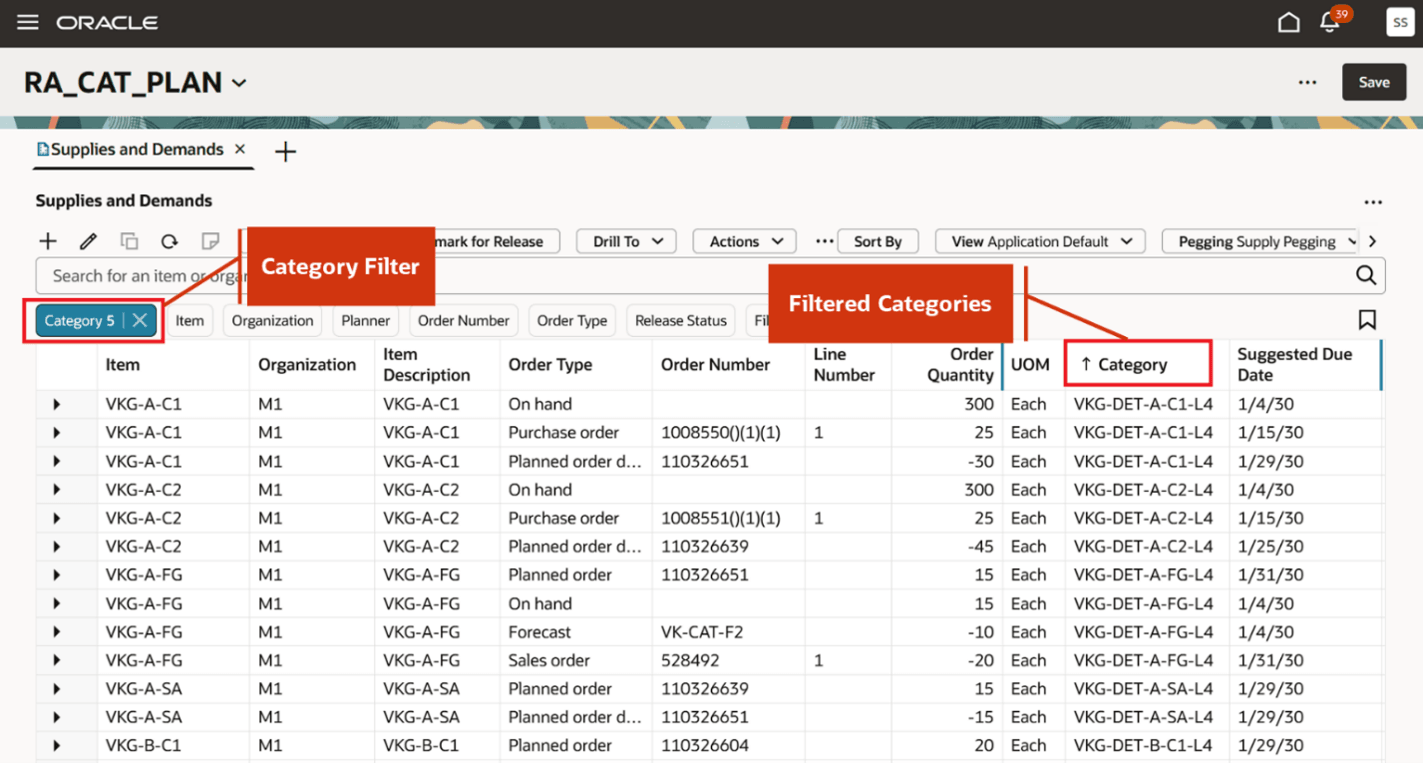 Filtered categories in Supplies and Demands