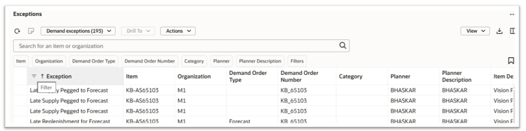 Column filter displayed for Exception column in Demand exceptions group